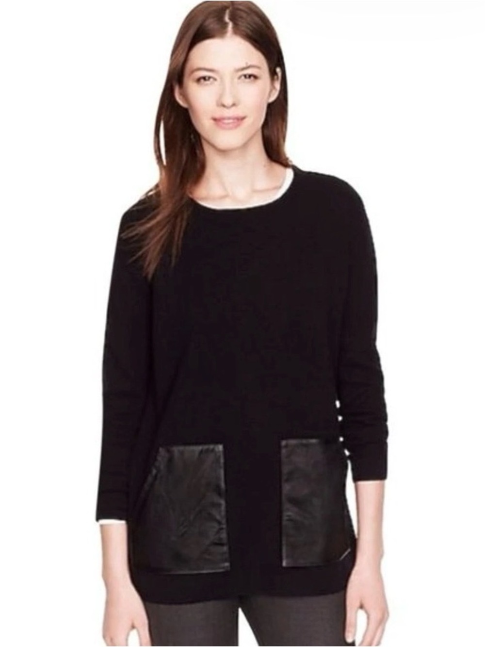 J. Crew 100% Merino Wool Black Crewneck Sweater with Real Leather Pockets Sz S